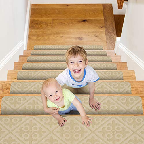 CrystalMX Alfombra Antideslizante peldaños de Escalera, Adhesivos alfombras para escaleras, Seguridad para niños Mayores y Perros, 76 x 20 cm (Beige, Juego de 15)