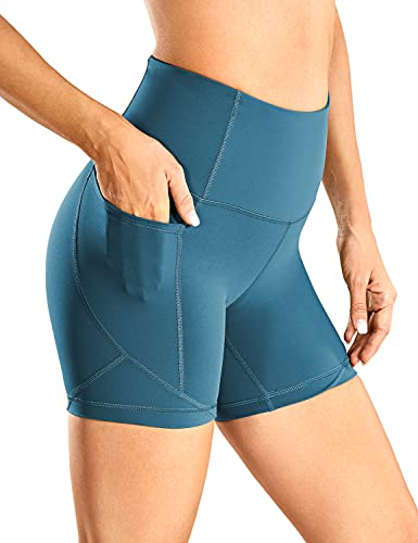 CRZ YOGA Mujer Shorts Deportivos Cintura Alta Control de Barriga Leggings de Yoga Sentimiento Desnudo Bolsillos Laterales Azul de Gasolina 42