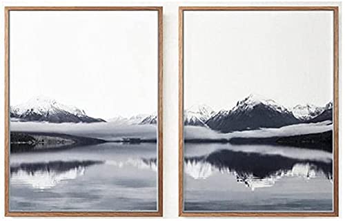 Cuadros de paisaje en la pared Montaña Lago Impresión en blanco y negro Art Poster Minimalista Lienzo Decoración del Hogar Fotos 40x50cmx2 Sin Marco