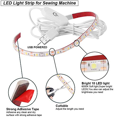 CUQI Tiras de luz para máquina de coser USB,5V,30 cm,LED con regulador táctil y clips adhesivos,18 máquinas de coser ajustables LED,armario de cocina,cunas (blanco)
