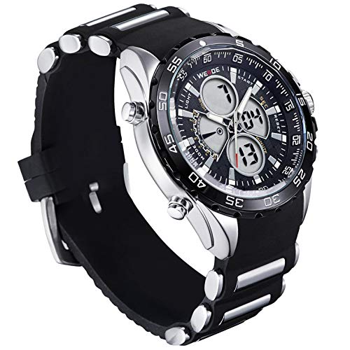 CursOnline® Elegante reloj de pulsera para hombre WH-1103R doble horario analógico y digital, LED y cuarzo, correa de caucho suave, resistente al agua, luz LED, alarma y fecha. Color negro.