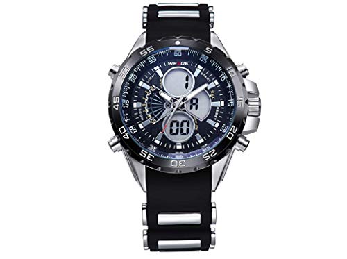 CursOnline® Elegante reloj de pulsera para hombre WH-1103R doble horario analógico y digital, LED y cuarzo, correa de caucho suave, resistente al agua, luz LED, alarma y fecha. Color negro.