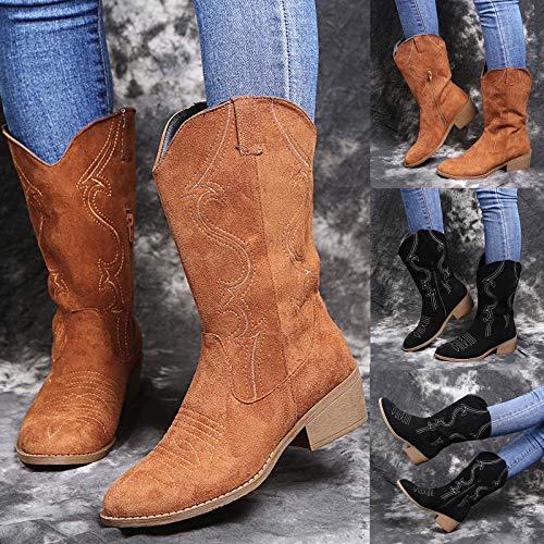 Dasongff Botas retro para mujer, con cremallera, talón cuadrado, de un solo color, caña media, zapatos redondos, zapatos de estilo vaquero, botas de motorista