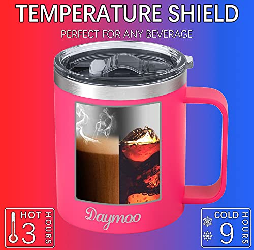 DAYMOO Tazas de café Termo 410ml,Taza Termo de acero inoxidable con Mango,Aislamiento al Vacío de Doble Pared,Tazas de café con tapas de Frío/Caliente Sin BPA,Rosa roja