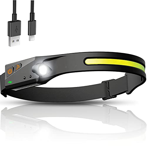Dealeez Linterna Frontal LED USB Recargable Lámpara de Cabeza Luz Muy Brillante con Sensor de Movimiento - Cabeza Linterna Impermeable y Muy Ligera (80gr) por Camping, Jogging