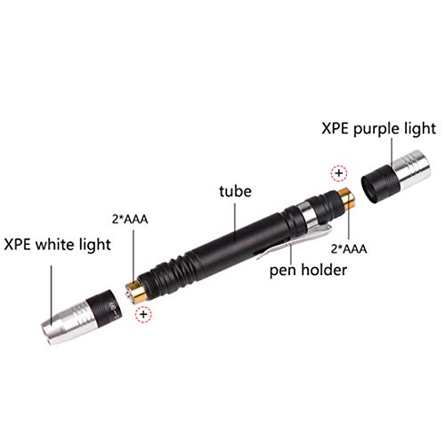 Detector de luz de la linterna Antorcha ultravioleta ultravioleta blanco púrpura para prueba Mini pluma UV linterna 395nm 2 en 1 linterna UV LED Fuente de luz Penlight Blacklight 2 (1 paquete)