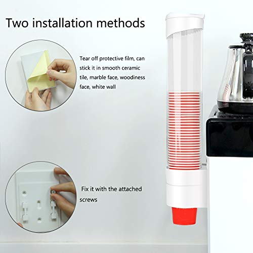 Dispensador de taza de agua montado en la pared con un botón de toque dispensador de taza de plástico antipolvo para tazas de papel de plástico biodegradables conos de papel 7,5 cm 50 tazas (blanco)