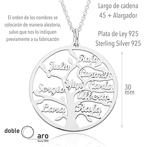 doble aro Collar Personalizado Árbol de la Vida para Mujer - Plata de Ley 925/1000 con Cadena Rolo de 45 cm + Alargador (Modelo Híspalis hasta 9 nombres, Plata de Ley)