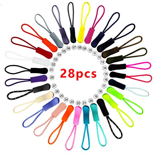 Dokpav Tiradores Cordón de Cremallera,28 Piezas Tiradores de Extensión Zipper Pulls Reemplazo de Etiqueta de Cremallera para Mochilas Ropa Deportiva Nylon, 28 Colores