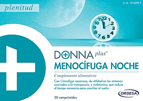 DonnaPlus Menocífuga Noche 30 comprimidos, complemento alimenticio para la mujer en la menopausia. Cimicífuga racemosa, Melatonina, GABA y Vitaminas K2, D3, B6, B9 y B12. 1 Cápsula por la noche.