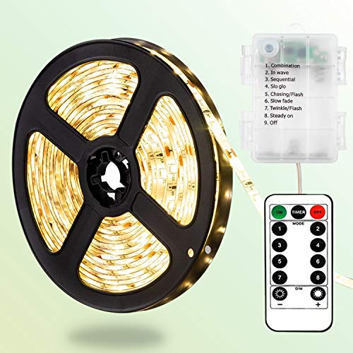 DreiWasser Tira de Luz LED con Pilas, 2m 60 LED Tira Luz Cuerda Batería 8 modos con Control Remoto por Infrarrojos (Blanco cálido, 60 LED)