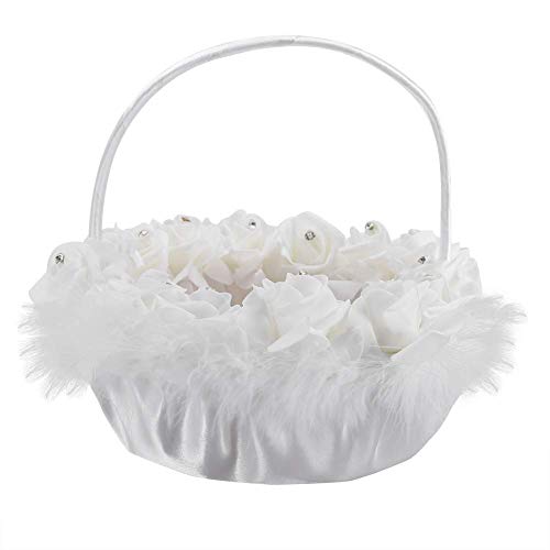 Duokon - Cesta para Flores de Boda, diseño de Encaje con pedrería, Color Blanco