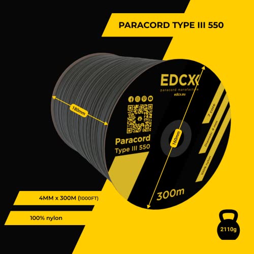 EdcX 4 mm Nylon Paracord 550 (15, 30, 50, 100 y 300 m) - Tipo III, Cuerda 100% Nailon, Cuerda de 7 hebras, Cuerda de Nailon de 4 mm