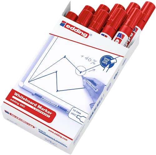 edding 660 marcador para pizarras blancas - rojo - 10 rotuladores - punta redonda 1,5-3 mm - rotulador para pizarra blanca, borrado en seco - pizarra blanca, flipchart, tablón de notas - recargable