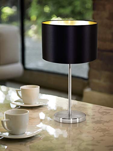 EGLO Lámpara de mesa Maserlo, lámpara de escritorio textil de 1 foco, luz de mesita de noche de acero y tela, color níquel mate, negro, dorado, portalámparas E27, incl interruptor