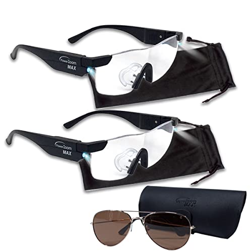 EHS.tv Power Zoom Max Gafas Lupa con Luz LED, Gafas de Aumento para costura, manualidades, lectura 2 pares de gafas y unas gafas de sol de regalo