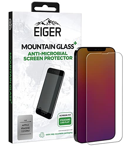EIGER Cristal de montaña+2.5D para iPhone 13 Mini Premium Anti-Bacterial Protector de pantalla de vidrio templado transparente con kit de limpieza