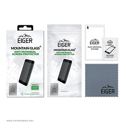 EIGER Cristal de montaña+2.5D para iPhone 13 Mini Premium Anti-Bacterial Protector de pantalla de vidrio templado transparente con kit de limpieza