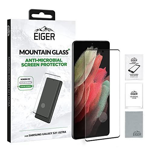 EIGER Cristal de montaña+3D para Samsung S21 Ultra Premium Anti-Bacterial Protector de pantalla de vidrio templado transparente con kit de limpieza