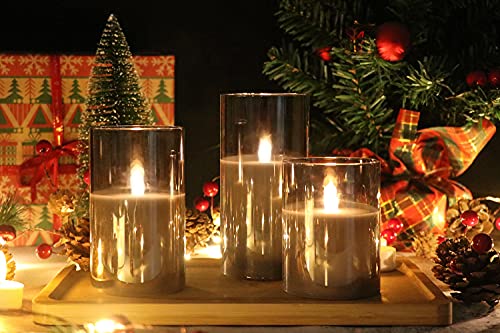 Eldnacele Velas de cristal gris con batería con temporizador y mando a distancia de 10 teclas, sin llama, luz cálida LED de cera real, velas parpadeantes para Navidad festiva decoración