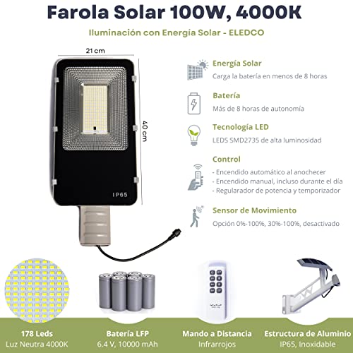 ELEDCO Farola Solar 100W, Foco LED, Panel Solar Orientable, Control Remoto, Sensor de Movimiento (100 Vatios, Luz Neutra 4000K)