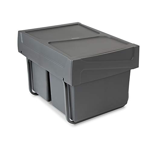 EMUCA - Cubos de Basura con fijación Inferior para Cocina, 2 contenedores de Reciclaje extraibles de 15 L, Capacidad Total 30L (2 x 15 L), Acero y plástico, Gris Antracita.