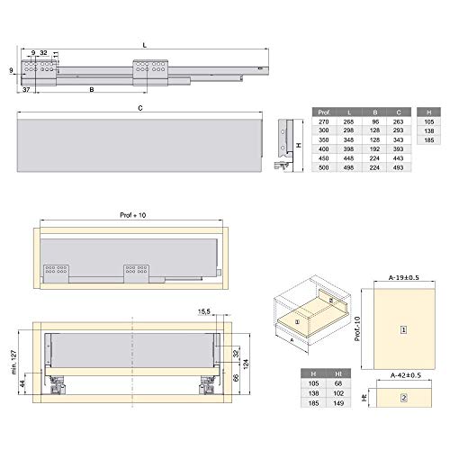EMUCA - Kit de cajón para Cocina o baño con guias de extracción Total y Cierre Suave, Altura 138mm y Profundidad 500mm, Blanco