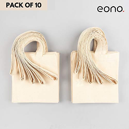 EONO by Amazon - Bolsas de Lona de algodón ecológico 100 % con Asas largas, Ligeras, Transpirables y Reutilizables, Ideales para la Compra, certificación Gots, 162 ml, Color Natural (Paquete de 10)