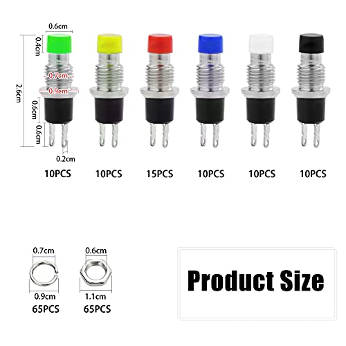 eROOSI Interruptor de botón momentáneo de 65 piezas, 1A 250VAC SPST mini interruptor de botón normalmente abierto (NO) de 6 colores, adecuado para proyectos electrónicos de pequeña potencia