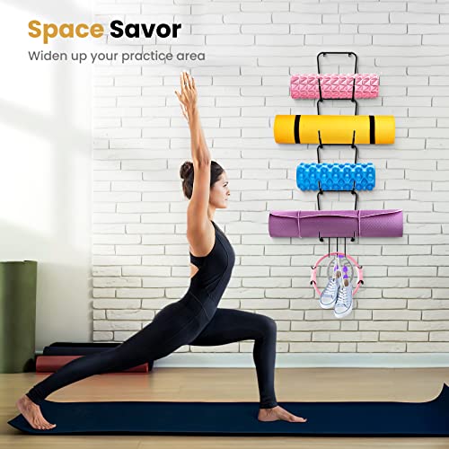 Estante de esterilla de yoga montado en la pared, almacenamiento de esterilla de yoga de metal de 4 secciones, para clase de fitness o gimnasio en casa