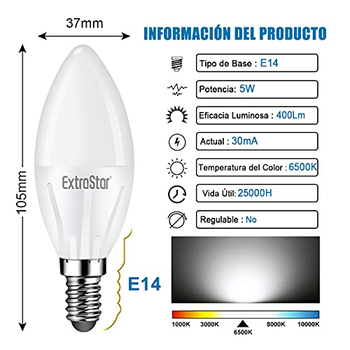 EXTRASTAR Bombilla LED E14 Vela, 5W Equivalente a 40W, 400lm, Luz Blanca Fría 6500K, No regulable - 6 unidades