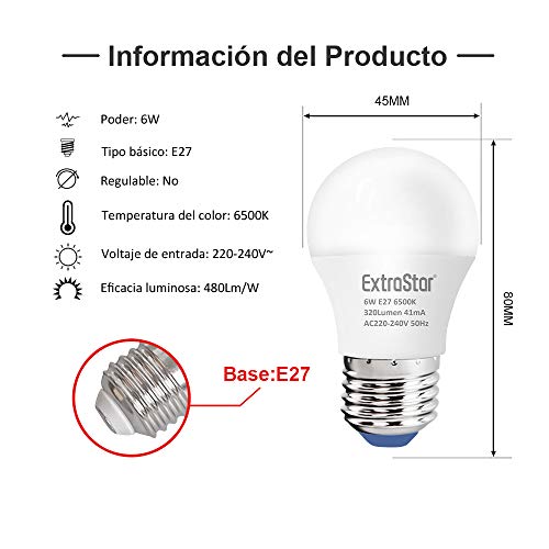 ExtraStar E27 Bombillas LED Globo G45 Casquillo Gordo, 6W Equivalente a 48W, 480lm, Luz Fría 6500K , No regulable, Pack de 6 Unidades