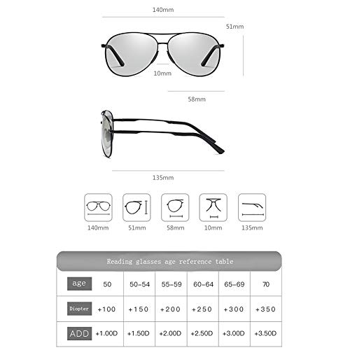 EYEphd Gafas de Lectura fotocromáticas de Enfoque múltiple Progresivo Inteligente para Hombres, Montura de Aviador de Metal Retro al Aire Libre Gafas de Sol Ampliación +1.0 a +3.0,Plata,+2.0