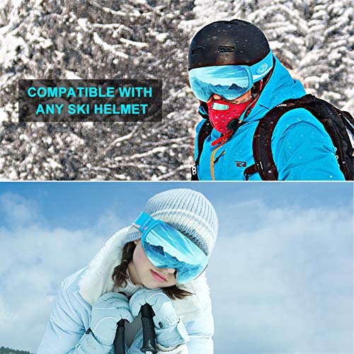 findway Gafas de Esquí, Gafas Esqui Snowboard Nieve para Hombre Mujer OTG, Anti Niebla Gafas de Esquiar Ventisca Protección UV,Azul Magnéticos Esférica Lentes Interchangeable Spherical Lens OTG
