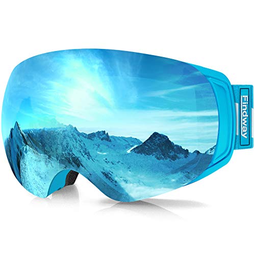 findway Gafas de Esquí, Gafas Esqui Snowboard Nieve para Hombre Mujer OTG, Anti Niebla Gafas de Esquiar Ventisca Protección UV,Azul Magnéticos Esférica Lentes Interchangeable Spherical Lens OTG