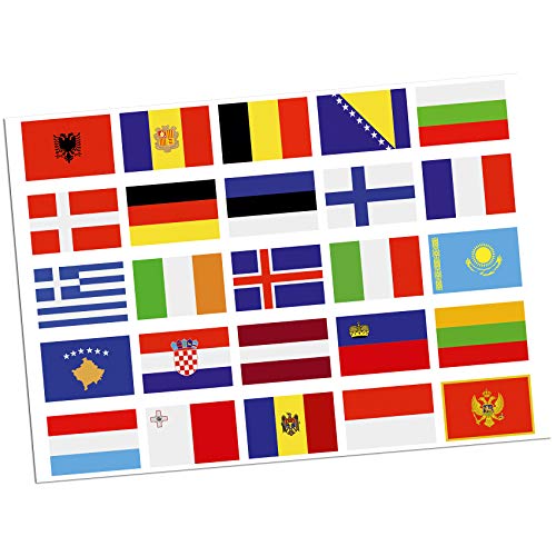 Finest Folia - Juego de 50 banderas de países en 2 hojas DIN A4, cada bandera mide 4,9 x 3,3 cm, pegatinas para modelismo, bicicleta, coche, moto, decoración de países europeos R108