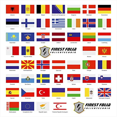 Finest Folia - Juego de 50 banderas de países en 2 hojas DIN A4, cada bandera mide 4,9 x 3,3 cm, pegatinas para modelismo, bicicleta, coche, moto, decoración de países europeos R108