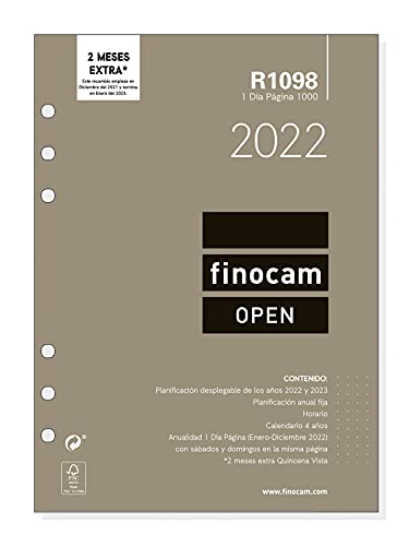 Finocam - Recambio Anual 2022 1 Día Página, de Enero 2022 a Diciembre 2022 (12 meses) 1000 - 155x215 mm Open Español