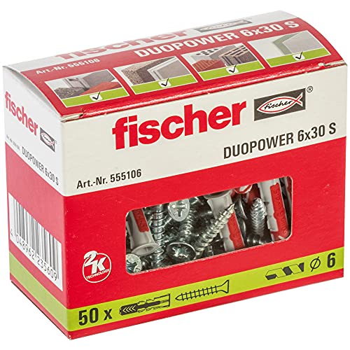 fischer - Tacos y tornillos para pared 6x30 DuoPower, tacos para hormigón, Caja tacos 50 uds