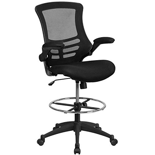 Flash Furniture Silla de escritorio ergonómica, de malla, respaldo medio, anilla reposapiés ajustable, reposabrazos abatibles, color Negro