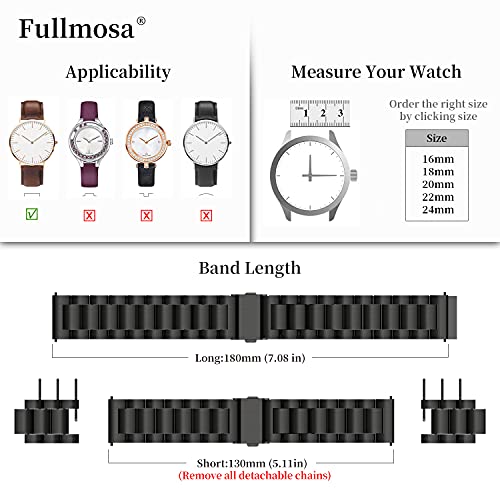Fullmosa 4 Colores para Correa Metálica de Reloj de Liberación Rápida, Pulsera Reloj de Acero Inoxidable, Negro 24mm