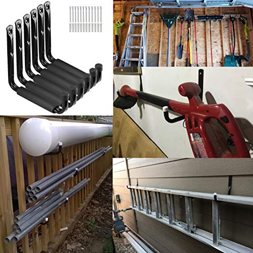 Ganchos para escaleras de garaje de 24 cm, resistente, para herramientas de jardín, tablas de surf, sillas plegables (negro, paquete de 6)