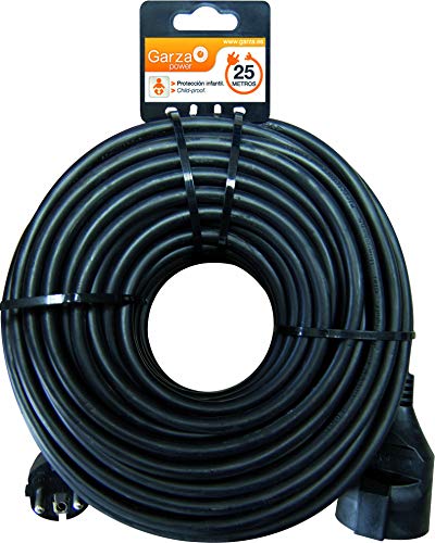 Garza ® - Cable alargador de corriente doméstico de 25 metros, negro, con toma de tierra hasta 16 Amperios (3680W)
