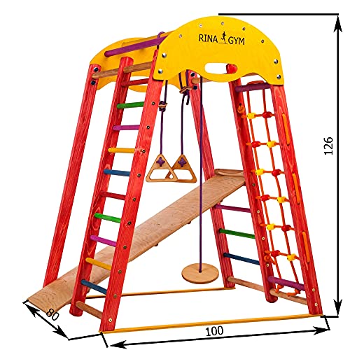 Generic RINAGYM - Triángulo de escalada de madera para niños - Red de escalada, escalera sueca, anillos, tobogán - Promueve el desarrollo - Ideal para 1 a 5 años - Soporta hasta 60 kg