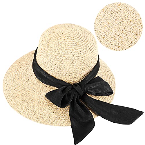 GIKPAL Sombreros de Paja para Mujer, Sombrero de Paja Plegable con ala Ancha, Ajustable Sombrero de Verano para Playa al Aire Libre Protección Anti-UV