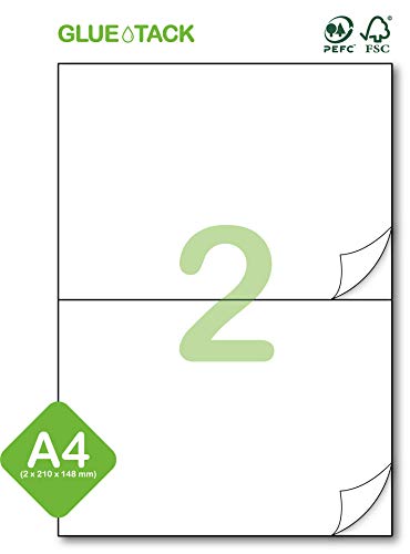 Gluetack –Etiquetas Adhesivas 210 x 148'5mm - A4 | 25 Folios Adhesivos-2 Etiqueta/Hoja–50 Etiquetas | Papel de Pegatina para Imprimir