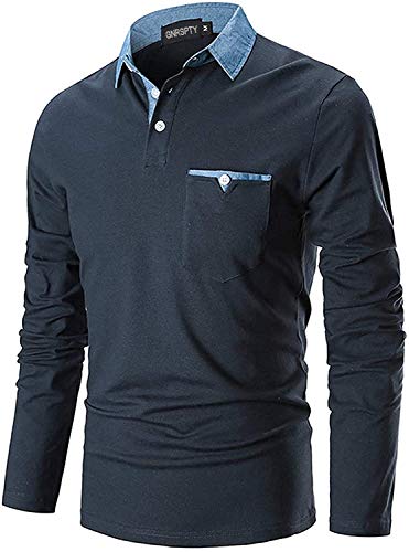 GNRSPTY Polo Hombre Manga Larga Denim Cuello Camisetas Algodón Camisas T-Shirt Golf Tennis Otoño Invierno Oficina,Azul Marino,L