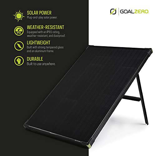 Goal Zero Boulder 100 Panel Solar 100 W Total Integrado Kick Stand Agregado Protección Esquina Salida 8 mm Puerto Solar Macho: 14-22 V, hasta 7 A (100 W MAX) Tipo de Celda: Monocristalino Peso 20 LB