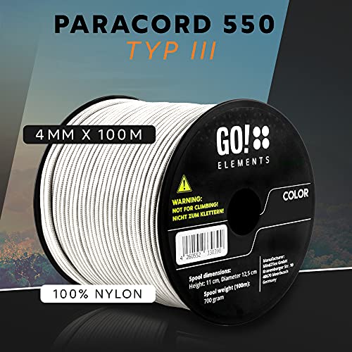 GO!elements 100m Paracord de Nylon a Prueba de desgarros - 4mm Paracord 550 Typo III Cuerda - Adecuado como Cuerda Yute & Cuerda Gruesa | MAX. 250kg, Color:Blanco