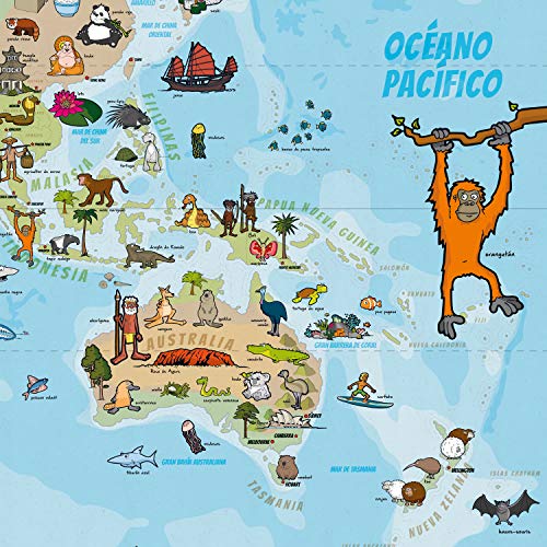 GOODS+GADGETS Mapa Mundial Panorámico para Niños XXL - 140x100cm Mapa Mundial para Niños Completamente Dibujado a Mano y Coloreado (Español)